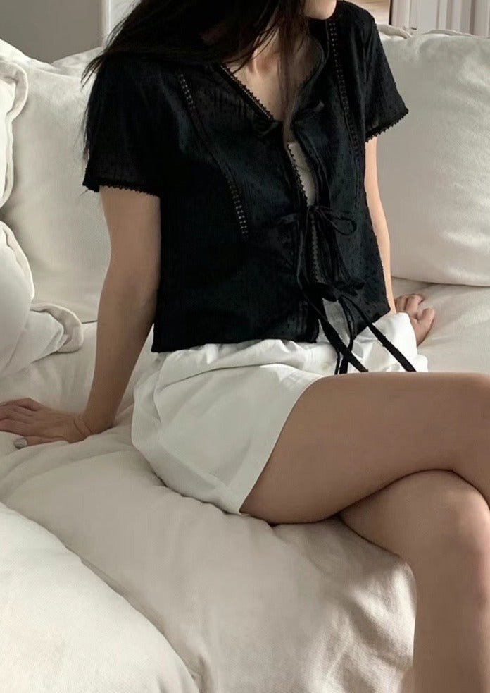 (Premium) Dotted Lace Ribbon Blouse