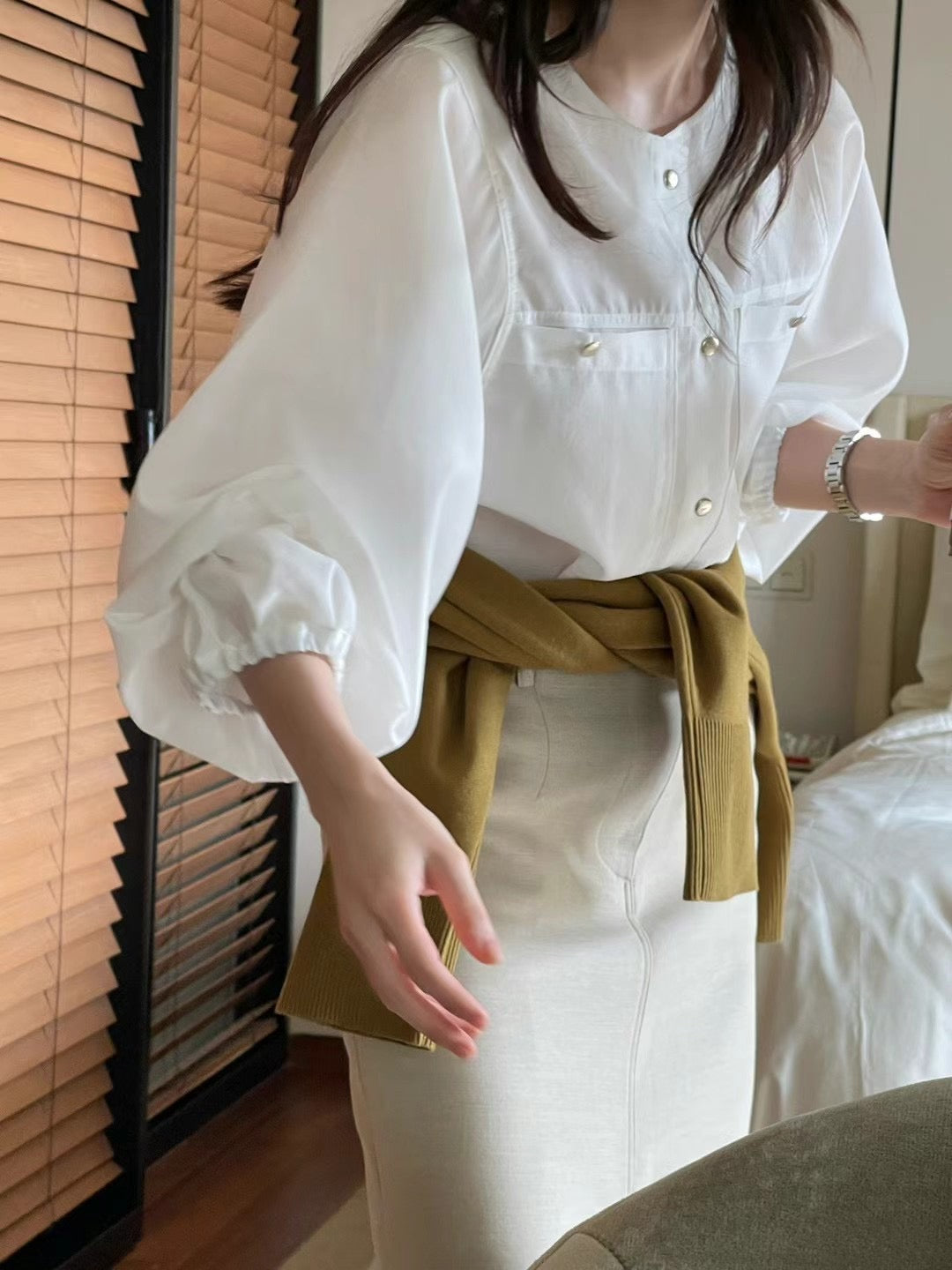(Premium) Gold Buttons Puff Sleeve See Through Blouse