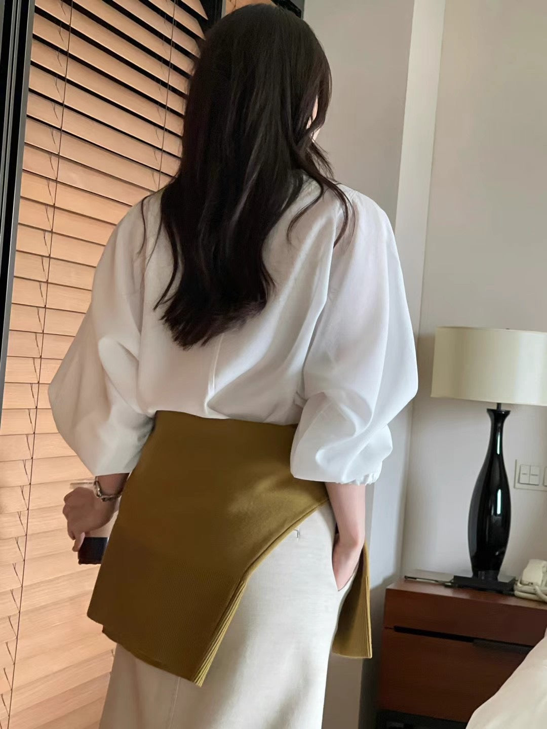 (Premium) Gold Buttons Puff Sleeve See Through Blouse