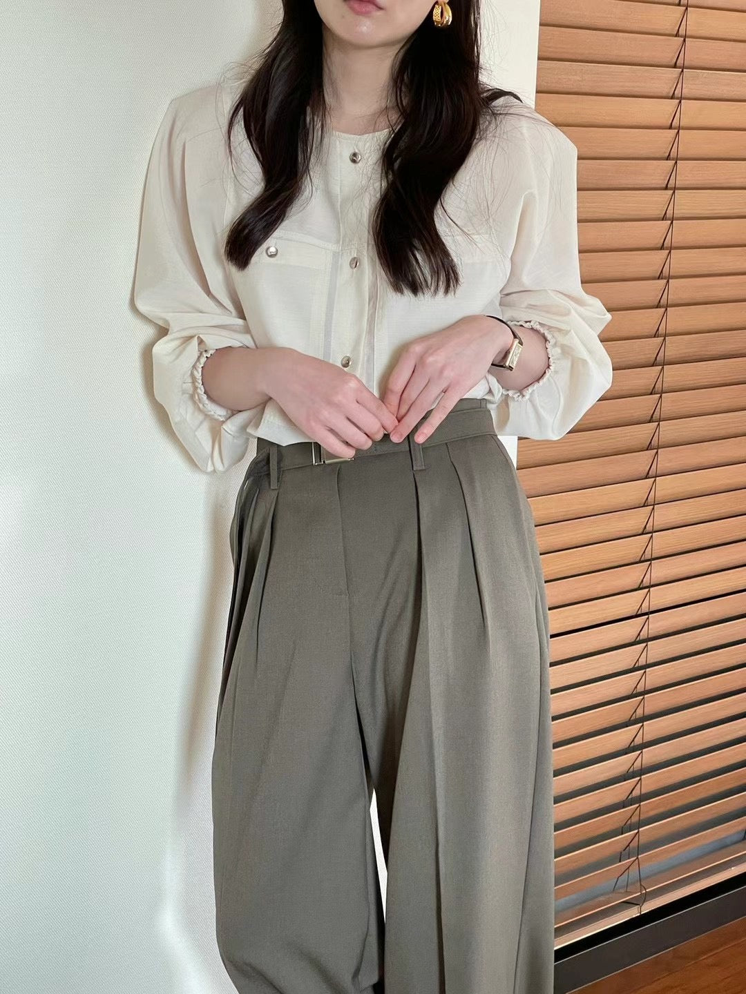 (Premium) Gold Buttons Puff Sleeve See Through Blouse