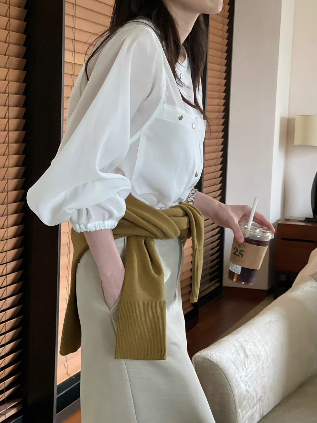 (Premium) Gold Buttons Puff Sleeve See Through Blouse