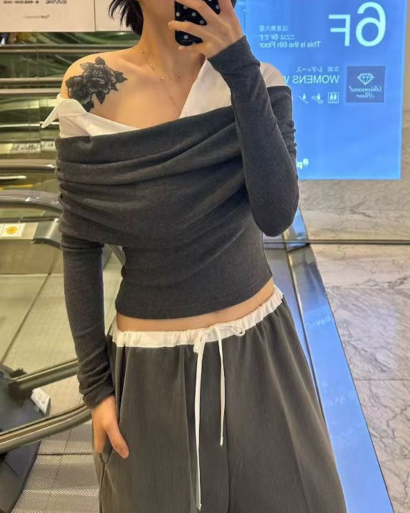 (Premium) Off-Shoulder Shirt Layered Top