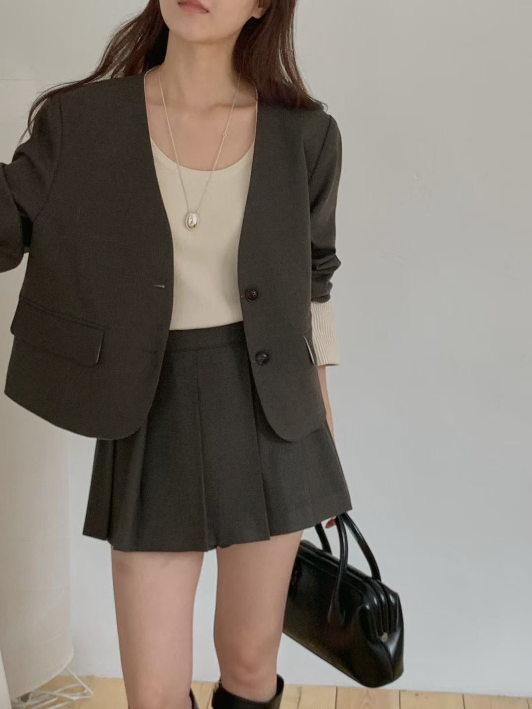 (Premium) Cropped Blazer and High Waist Pleated Mini Skirt-Shorts Set