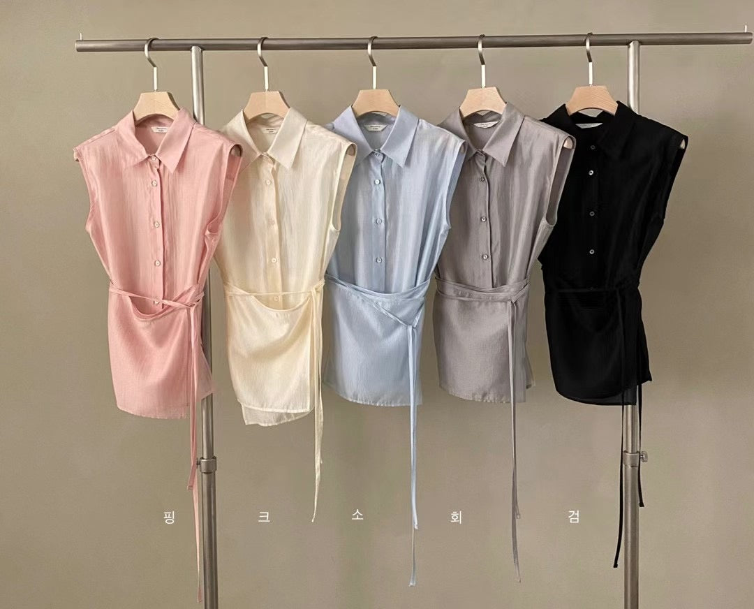 (Premium) See Though Sleeveless Wrapped Layers Tencel Shirt