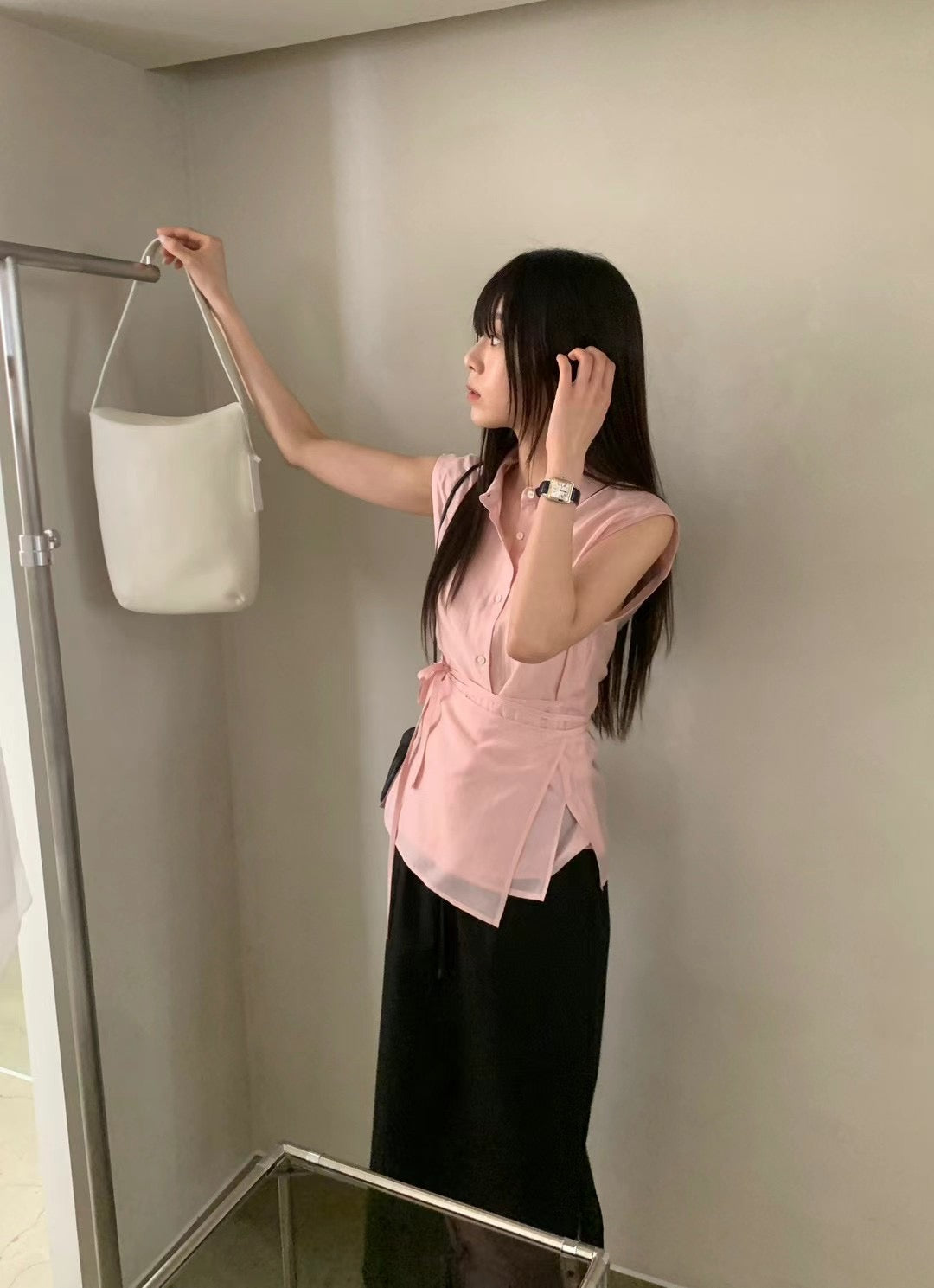 (Premium) See Though Sleeveless Wrapped Layers Tencel Shirt