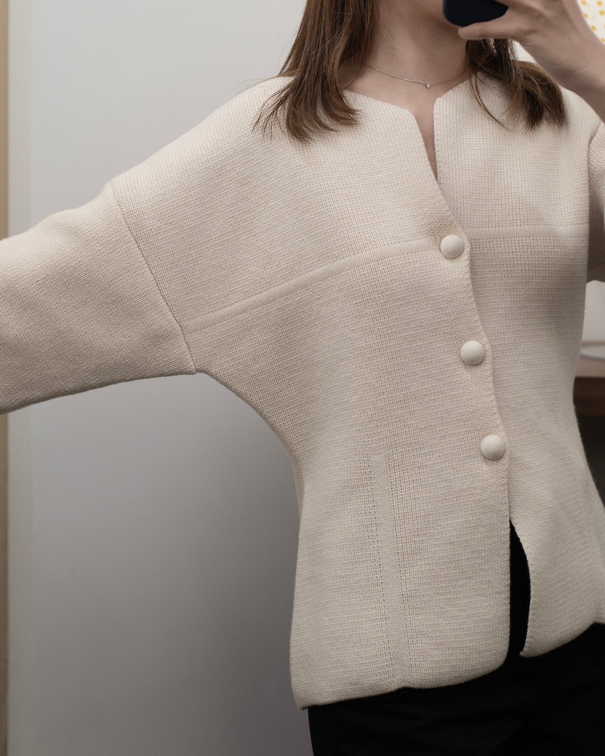 (PREMIUM) Elegance V Open Neck Knit Blazer with Ball Buttons